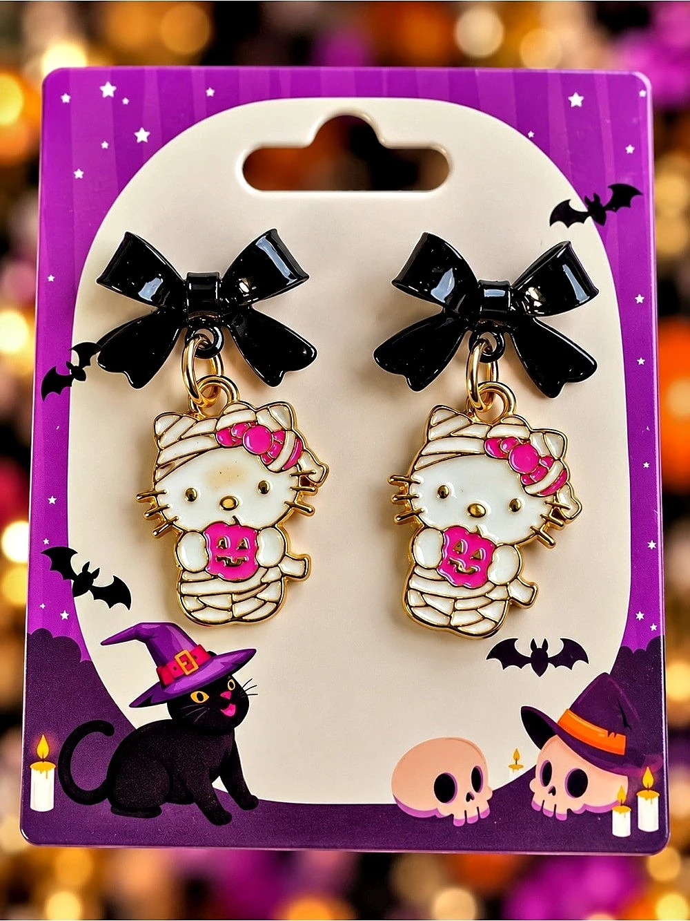 Halloween Hello Kitty Mummy Dangle Earrings Gold & Pink